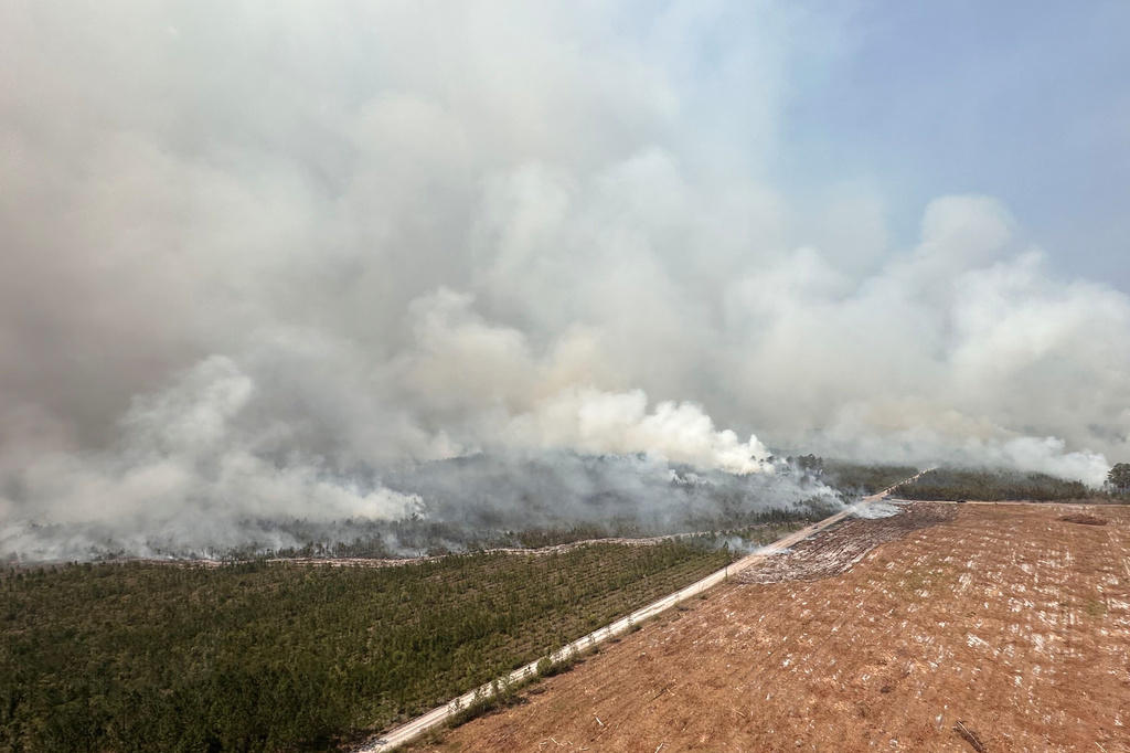 The photo provided by the Office of Gov. Brian Kemp shows smoke produced by a wildfire in Brantley County, Ga., Friday, April 24, 2026. (Office of Gov. Brian Kemp via AP)