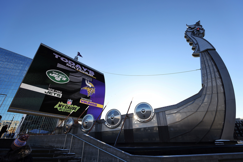 FILE - A view of the outside of U.S. Bank Stadium before an NFL football game between the Minnesota Vikings and New York Jets, Sunday, Dec. 4, 2022 in Minneapolis. (AP Photo/Stacy Bengs, File)