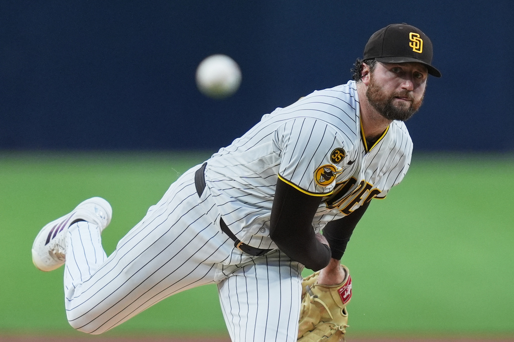 San Diego Padres starting pitcher Casey Mize works against a Washington Nationals batter during the first inning of a baseball game Tuesday, Sept. 8, 2026, in San Diego. (AP Photo/Gregory Bull)