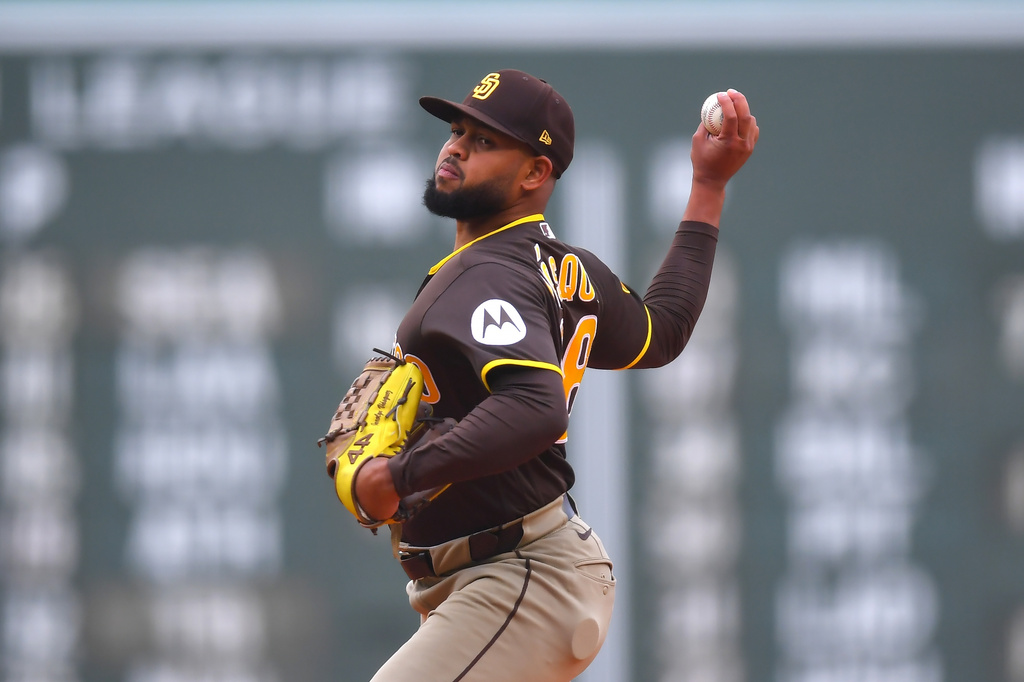 San Diego Padres' Randy Vásquez delivers a pitch to a Boston Red Sox batter in the first inning of a baseball game, Saturday, April 4, 2026, in Boston. (AP Photo/Steven Senne)
