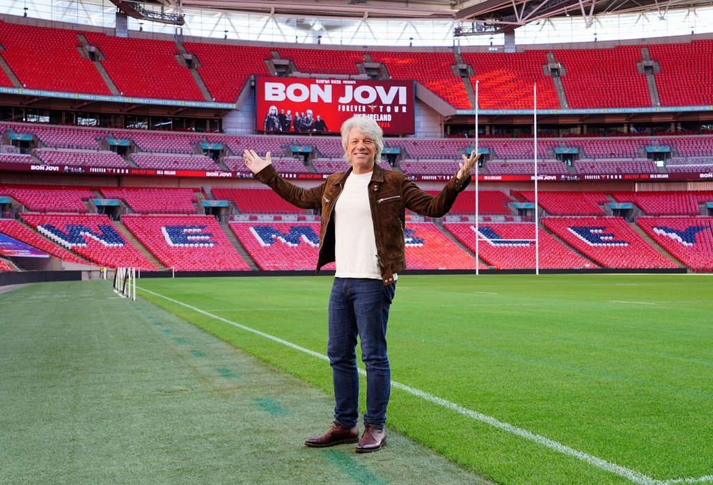Singer Jon Bon Jovi poses for a photo at a press conference at Wembley Stadium to make an announcement and promote his new collaborations album, Forever, in north London, Friday, Oct. 24, 2025. (Ian West/PA via AP)