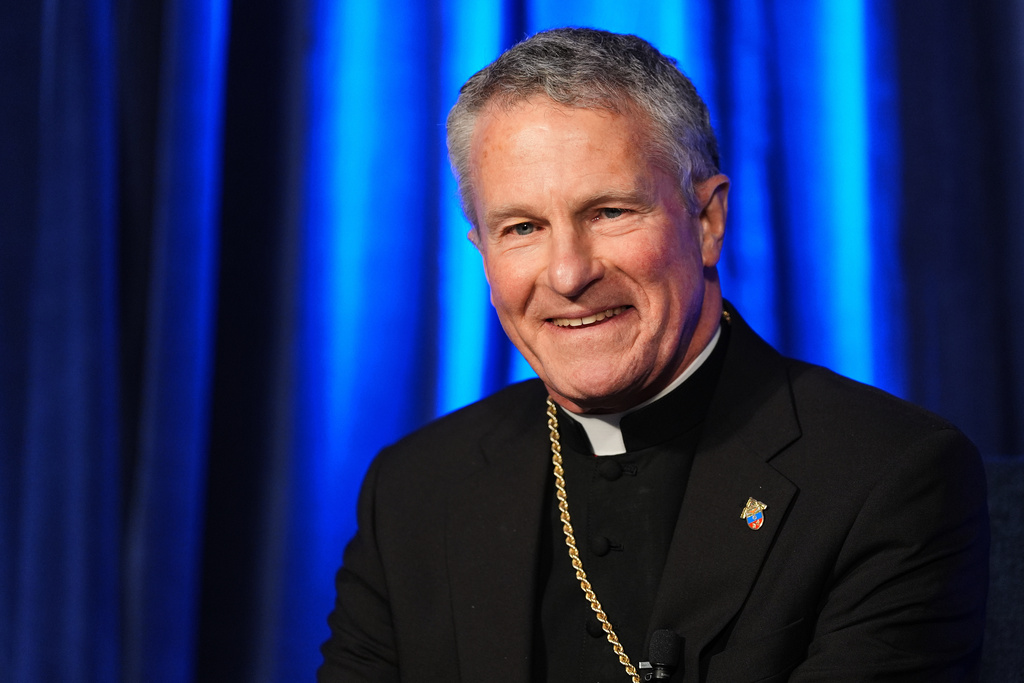 Military Services Archbishop Timothy Broglio, president of the United States Conference of Catholic Bishops, speaks during a press conference at a plenary assembly in Baltimore, Tuesday, Nov. 11, 2025. (AP Photo/Stephanie Scarbrough)