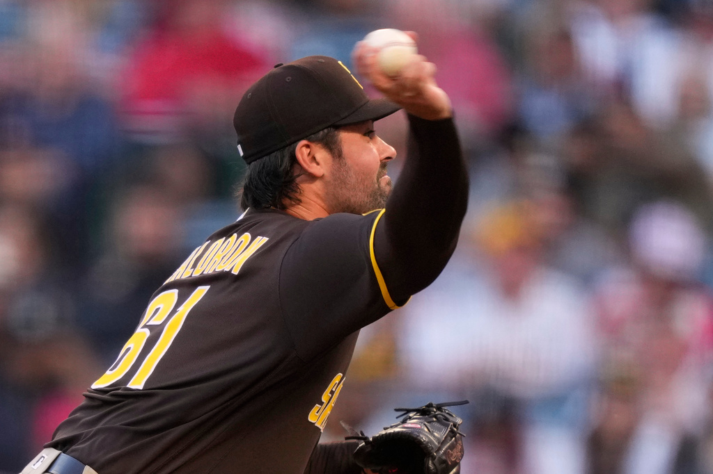 San Diego Padres starting pitcher Matt Waldron throws to the plate during the first inning of a baseball game against the Los Angeles Angels, Friday, April 17, 2026, in Anaheim, Calif. (AP Photo/Mark J. Terrill)
