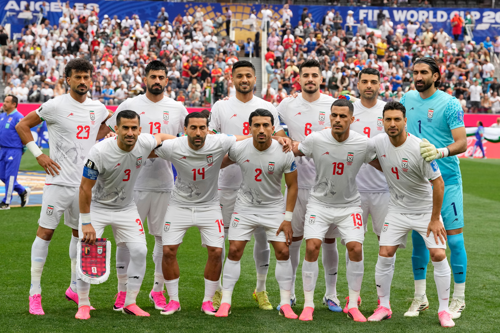 Iran team pose for a group photo prior to the World Cup Group G soccer match between Belgium and Iran in Inglewood, Calif., near Los Angeles, Sunday, June 21, 2026. (AP Photo/Andre Penner)