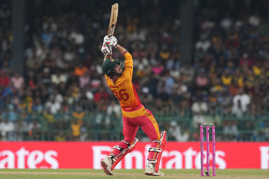 Zimbabwe's Brian Bennett plays a shot during the T20 World Cup cricket match between Sri Lanka and Zimbabwe in Colombo, Sri Lanka, Thursday, Feb. 19, 2026. (AP Photo/Eranga Jayawardena)