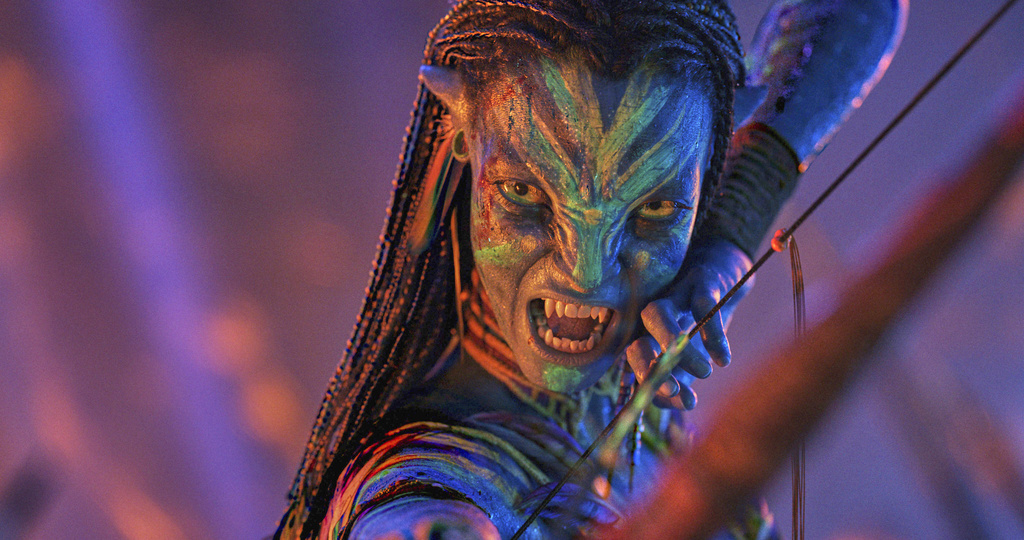 This image released by Disney shows Neytiri, performed by Zoe Saldana, in a scene from "Avatar: Fire and Ash." (20th Century Studios via AP)