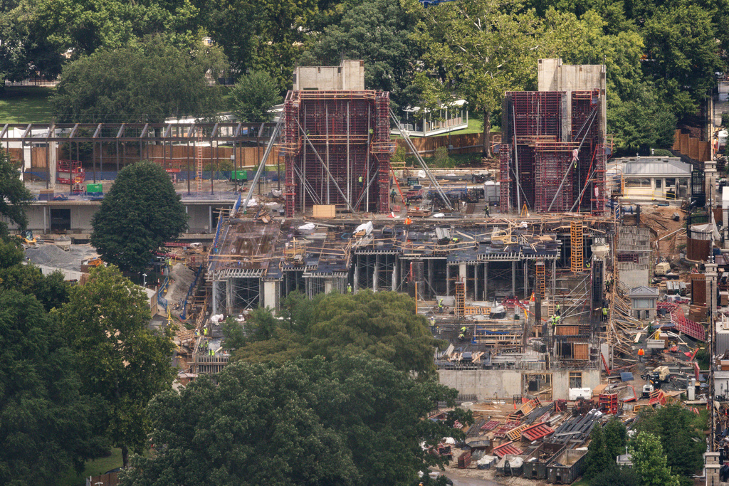 White House Ballroom construction continues Wednesday, Aug. 5, 2026, at the White House in Washington. (AP Photo/Tierney L. Cross)