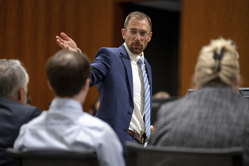 Deputy Utah County Attorney Ryan McBride gestures to the defense table in 4th District Court in Provo, Utah, on Friday, April 17, 2026. (Trent Nelson/The Salt Lake Tribune via AP, Pool)