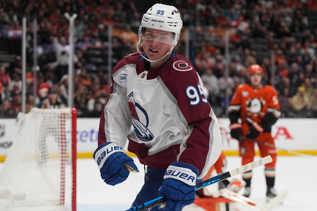 Colorado Avalanche left wing Victor Olofsson celebrates a goal by teammate center Parker Kelly during the second period of an NHL hockey game against the Anaheim Ducks Tuesday, March 3, 2026, in Anaheim, Calif. (AP Photo/Gregory Bull)
