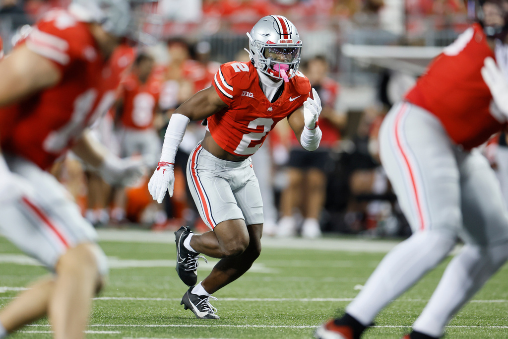 FILE - Ohio State defensive back Caleb Downs plays against Minnesota during an NCAA college football game, Saturday, Oct. 4, 2025, in Columbus, Ohio. (AP Photo/Jay LaPrete, File)