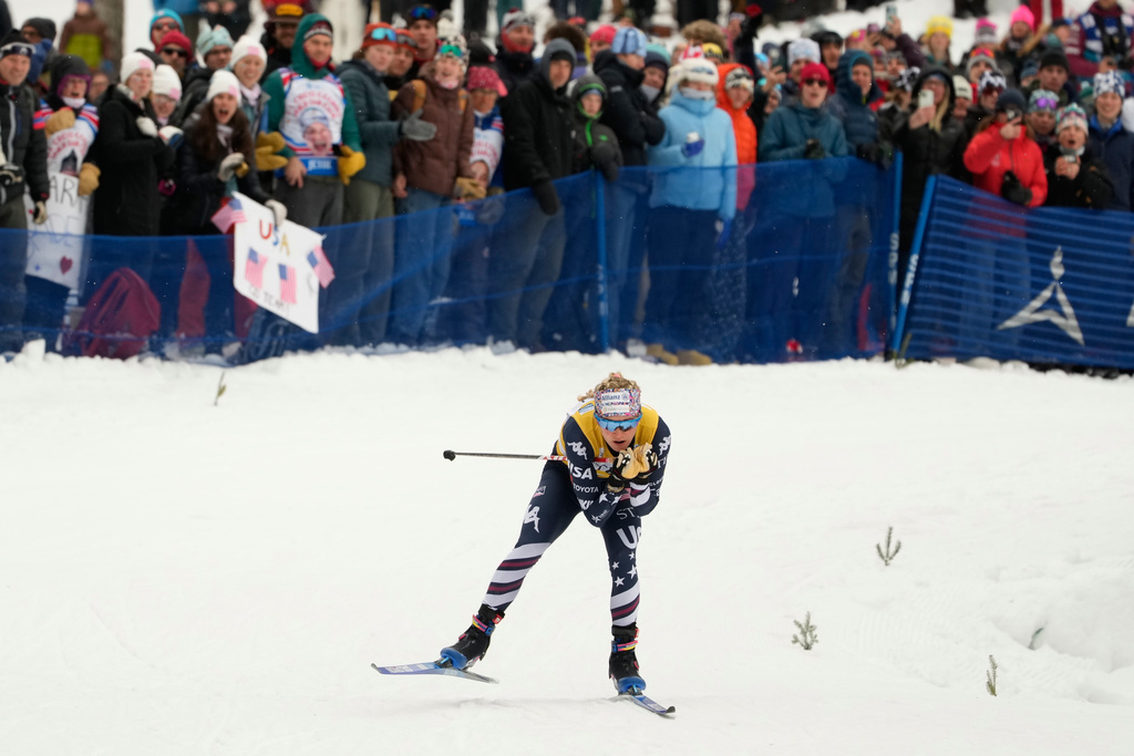 United States' Jessie Diggins competes during the women's World Cup Finals Sprint Free cross country skiing race Saturday, March 21, 2026, in Lake Placid, N.Y. (AP Photo/Robert F. Bukaty)