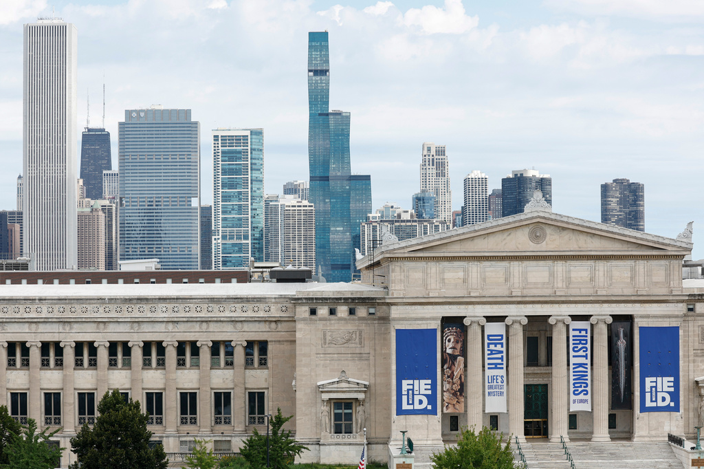 FILE -Field Museum and Chicago's skyline is seen from Soldier Field prior to an NFL preseason football game between the Chicago Bears and the Tennessee Titans, Aug. 12, 2023, in Chicago. (AP Photo/Kamil Krzaczynski, File)