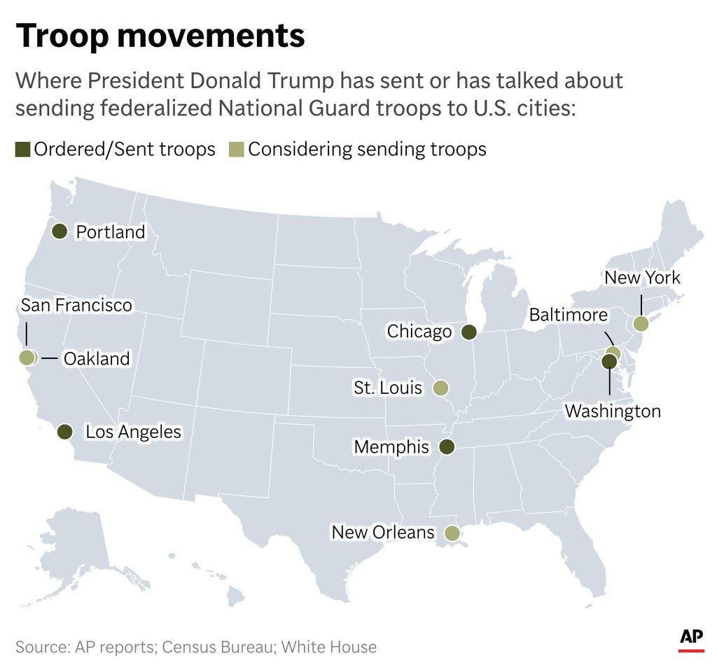 Cities where President Donald Trump has ordered or publicly talked about ordering the deployment of National Guard troops. (AP Digital Embed)