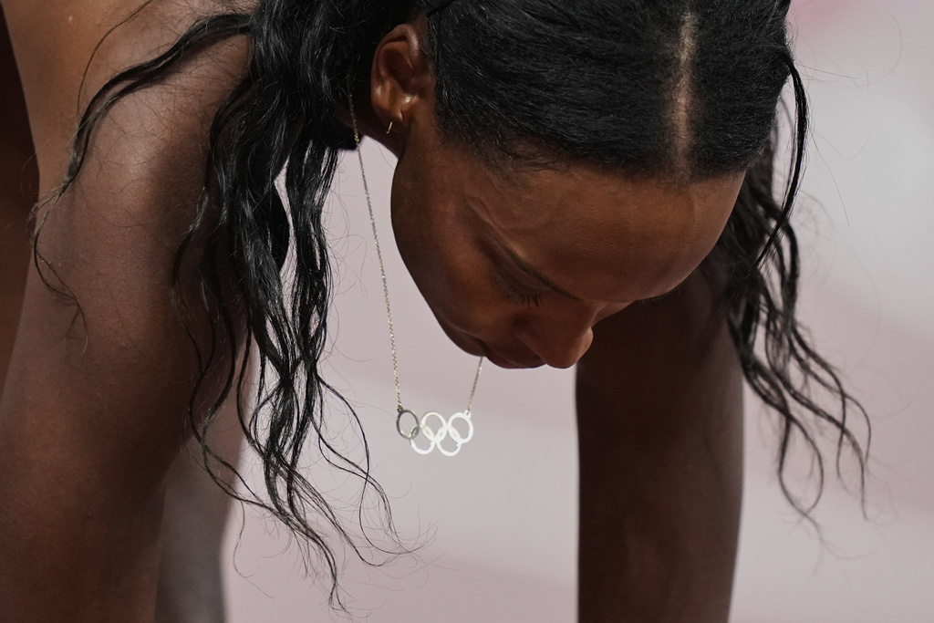 United States' Dalilah Muhammad prepares to compete in women's 400 meters hurdles semifinal at the World Athletics Championships in Tokyo, Wednesday, Sept. 17, 2025. (AP Photo/Eugene Hoshiko)
