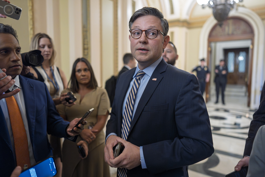 Speaker of the House Mike Johnson, R-La., speaks to reporters on the Jeffrey Epstein investigation and funding for the government as Congress begins its workweek, at the Capitol in Washington, Monday, Sept. 8, 2025. (AP Photo/J. Scott Applewhite)
