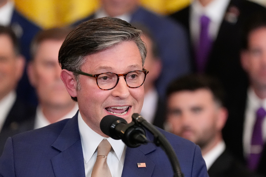 House Speaker Mike Johnson of La., speaks during an event with President Donald Trump to welcome the 2025 LSU and LSU-Shreveport national champion baseball teams in the East Room of the White House, Monday, Oct. 20, 2025, in Washington. (AP Photo/Alex Brandon)