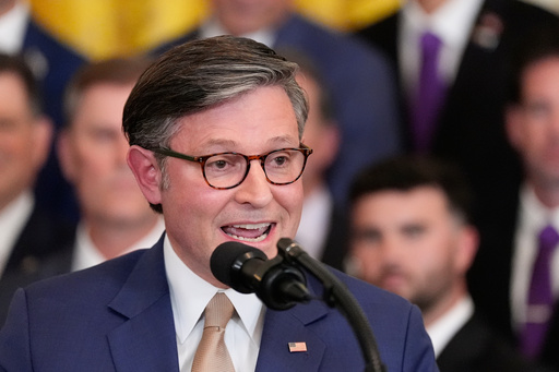 House Speaker Mike Johnson of La., speaks during an event with President Donald Trump to welcome the 2025 LSU and LSU-Shreveport national champion baseball teams in the East Room of the White House, Monday, Oct. 20, 2025, in Washington. (AP Photo/Alex Brandon) House Speaker Mike Johnson of La., speaks during an event with President Donald Trump to welcome the 2025 LSU and LSU-Shreveport national champion baseball teams in the East Room of the White House, Monday, Oct. 20, 2025, in Washington. (AP Photo/Alex Brandon)