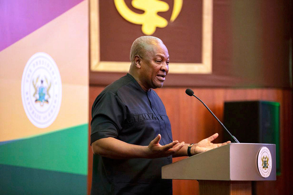 FILE - Ghana's President John Mahama speaks to the media at the Jubilee House in Accra, Ghana, Sept. 10, 2025. (Ghana Presidency via AP, File)