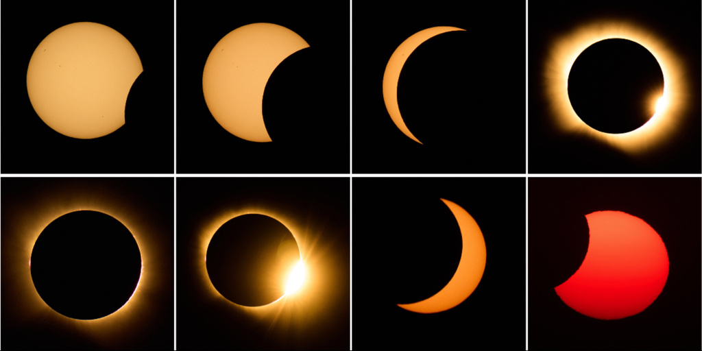 This combination photo shows the sequence of the moon covering the sun in a total solar eclipse seen from Berlanga de Duero, central Spain, Wednesday, Aug. 12, 2026. (AP Photo/Bernat Armangue)