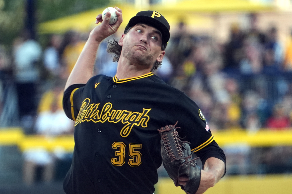 Pittsburgh Pirates pitcher Braxton Ashcraft delivers against the Los Angeles Angels during the first inning of a baseball game in Pittsburgh, Saturday, Sept. 5, 2026. (AP Photo/Tom E. Puskar)