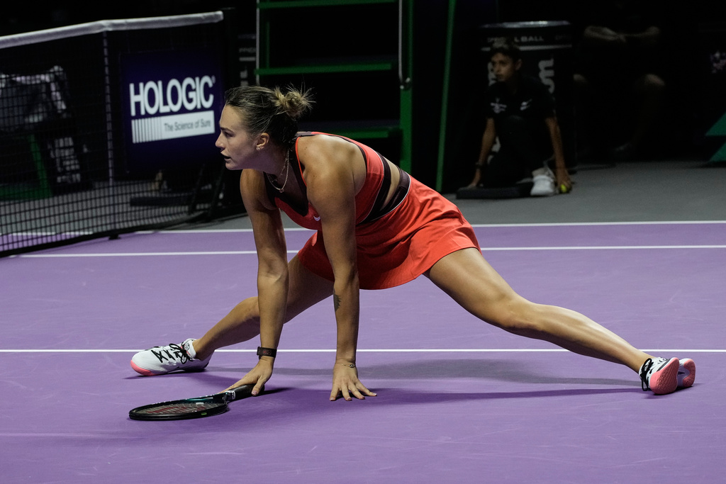 Aryna Sabalenka of Belarus reacts during the women's singles match against Coco Gauff of the United States at the WTA tennis finals in Riyadh, Saudi Arabia, Thursday, Nov. 6, 2025. (AP Photo/Fatima Shbair)