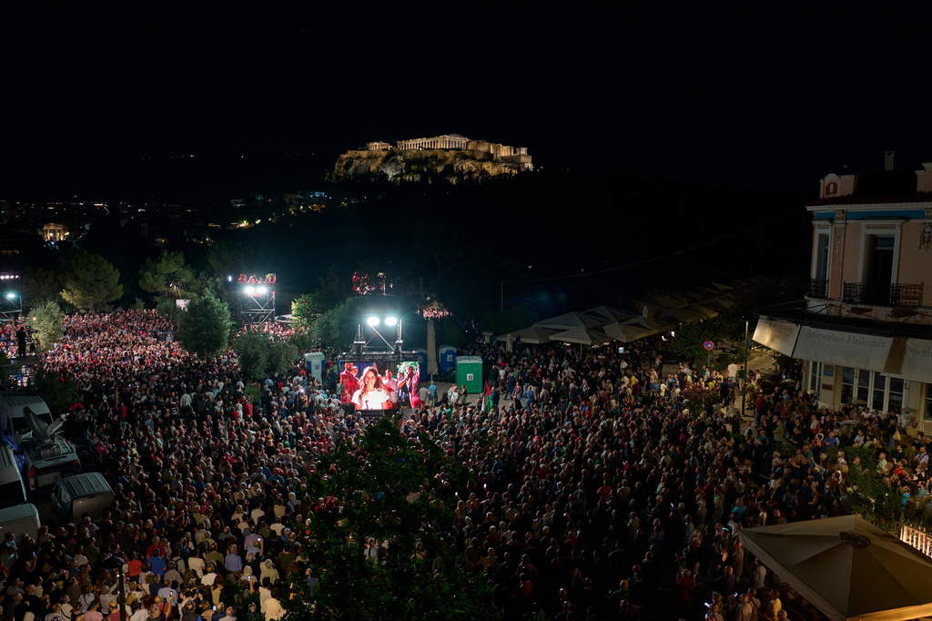 Former left-wing Prime Minister Alexis Tsipras speaks to supporters in front of ancient Acropolis at an event to launch a new political party ahead of elections next year, in Athens, on Tuesday, May 26, 2026. (AP Photo/Petros Giannakouris)