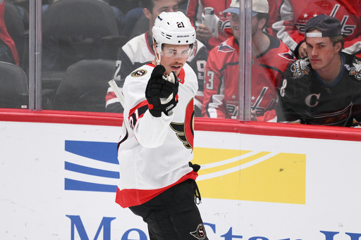Ottawa Senators center Nick Cousins (21) celebrates his goal during the second period of an NHL hockey game against the Washington Capitals, Saturday, Oct. 25, 2025, in Washington. (AP Photo/Nick Wass) Ottawa Senators center Nick Cousins (21) celebrates his goal during the second period of an NHL hockey game against the Washington Capitals, Saturday, Oct. 25, 2025, in Washington. (AP Photo/Nick Wass)