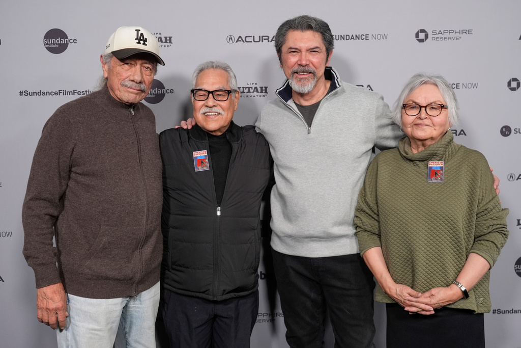 Edward James Olmos, from left, Luis Valdez, Lou Diamond Phillips, and Lupe Valdez attend the premiere of "American Pachuco: The Legend of Luis Valdez" during the Sundance Film Festival on Thursday, Jan. 22, 2026, at The Yarrow Theatre in Park City, Utah. (AP Photo/Chris Pizzello)