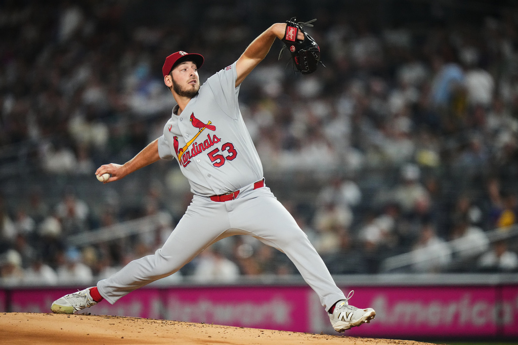 St. Louis Cardinals' Andre Pallante (53) pitches during the first inning of a baseball game against the New York Yankees Wednesday, Aug. 5, 2026, in New York. (AP Photo/Frank Franklin II)