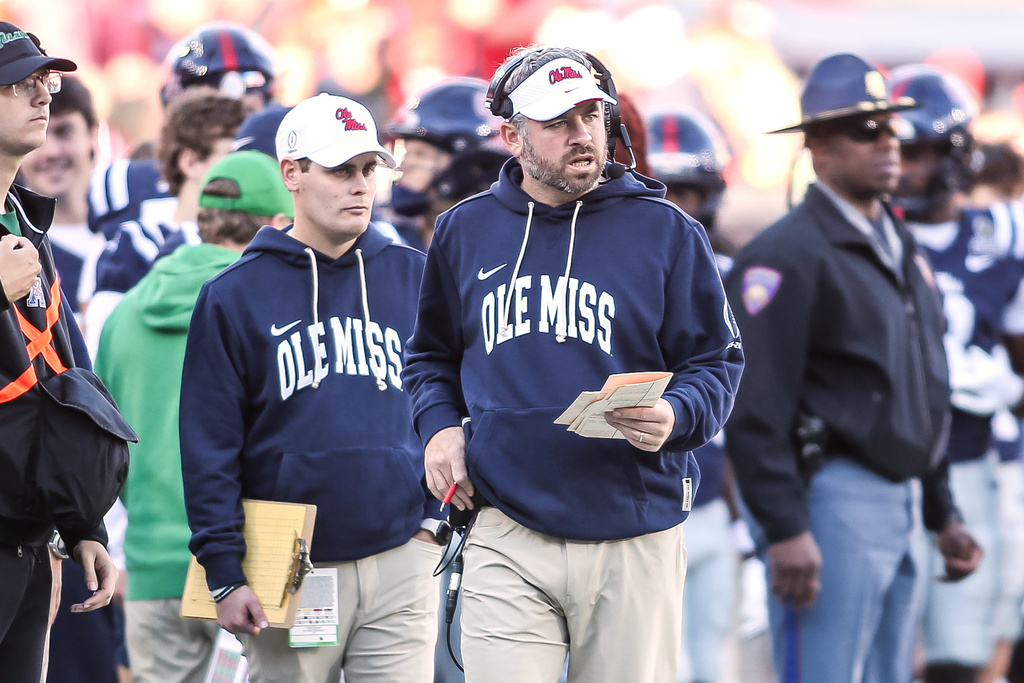 Mississippi football coach Pete Golding calls a play against Tulane during the first round of an NCAA College Football Playoff, Saturday, Dec. 20, 2025, in Oxford, Miss. (AP Photo/Rogelio V. Solis)