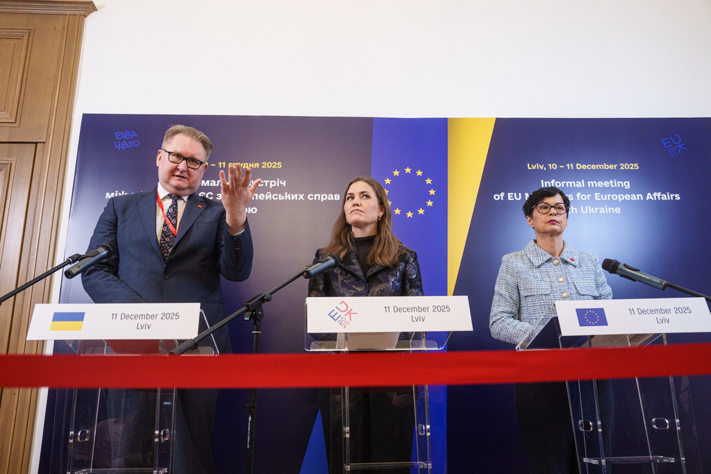 From left: Ukraine's Deputy Prime Minister for European and Euro-Atlantic Integration of Ukraine Taras Kachka, Marie Bjerre, Danish Minister for European Affairs and Marta Kos, EU Commissioner for Enlargement, attend a joint press conference after informal meeting of EU ministers for European affairs in Lviv, Ukraine, on Thursday, Dec. 11, 2025. (AP Photo/Evgeniy Maloletka)