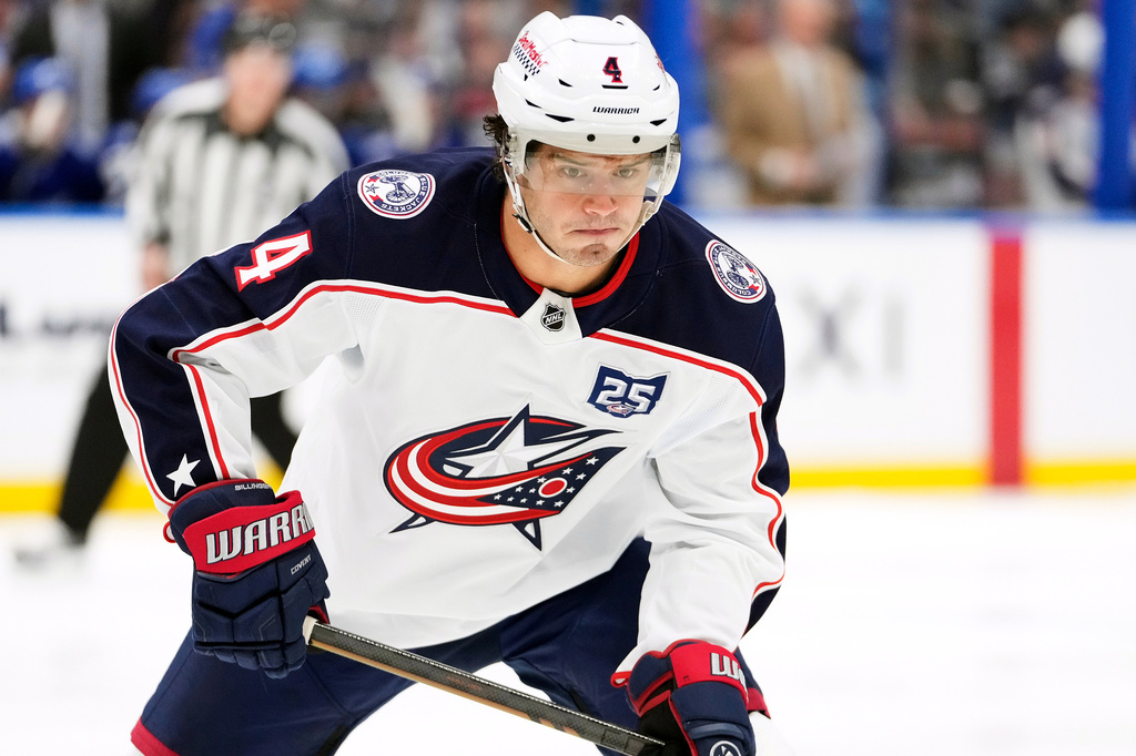 FILE - Columbus Blue Jackets center Cole Sillinger plays against the Tampa Bay Lightning during the first period of an NHL hockey game March 10, 2026, in Tampa, Fla. (AP Photo/Chris O'Meara, File)
