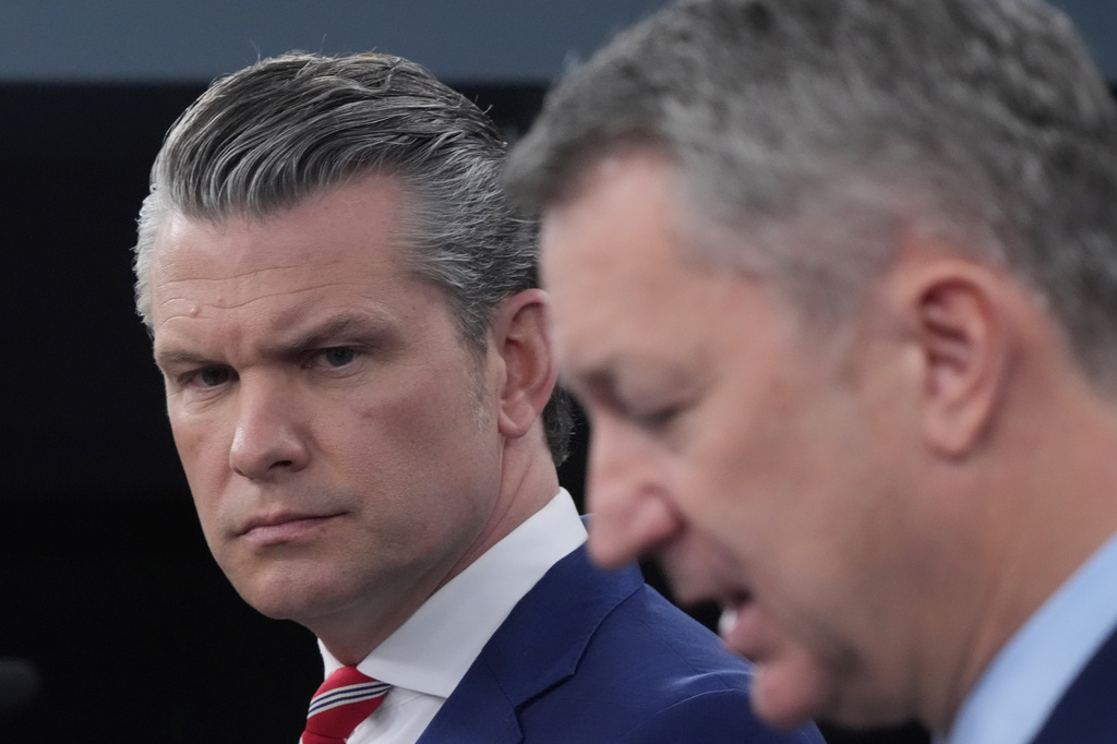 Defense Secretary Pete Hegseth and Chairman of the Joint Chiefs of Staff Gen. Dan Caine speak to members of the media during a press briefing at the Pentagon in Washington, Tuesday, May 5, 2026. (AP Photo/Manuel Balce Ceneta)
