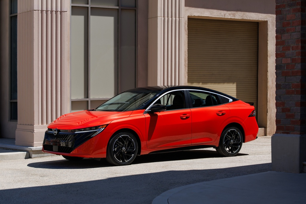 This photo provided by Nissan shows the 2026 Sentra sedan. The redesigned Sentra features distinctive styling and an updated interior with new technology features. (Courtesy of Nissan North America via AP)