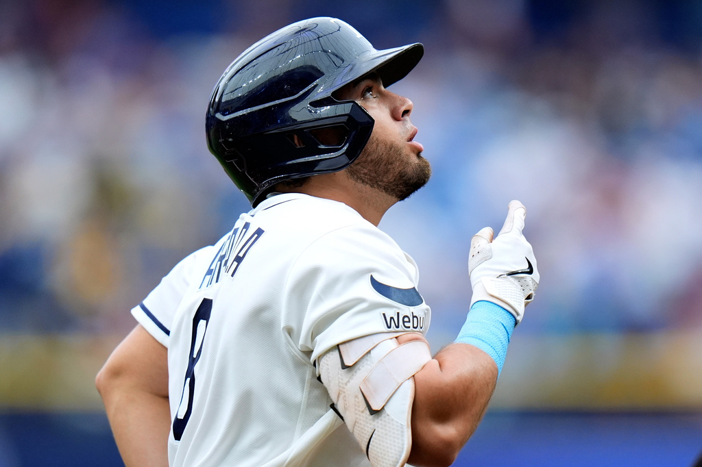 Tampa Bay Rays' Jonathan Aranda celebrates after his home run off Los Angeles Angels pitcher Jack Kochanowicz during the first inning of a baseball game Sunday, May 31, 2026, in St. Petersburg, Fla. (AP Photo/Chris O'Meara)
