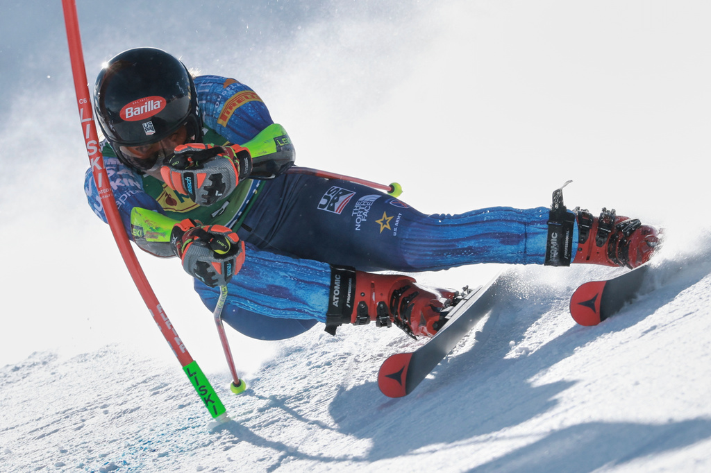 United States' Mikaela Shiffrin competes in an alpine ski, women's World Cup giant slalom, in Soelden, Austria, Saturday, Oct. 24, 2026. (AP Photo/Alessandro Trovati)