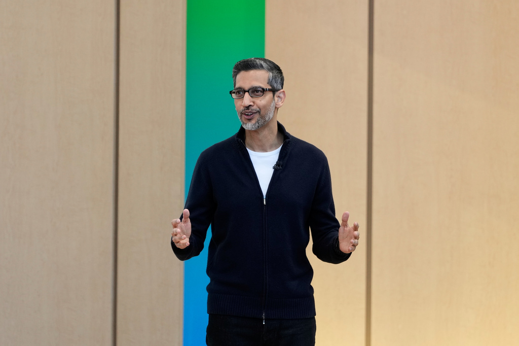 Alphabet CEO Sundar Pichai speaks at a Google I/O event in Mountain View, Calif., Tuesday, May 19, 2026. (AP Photo/Jeff Chiu)