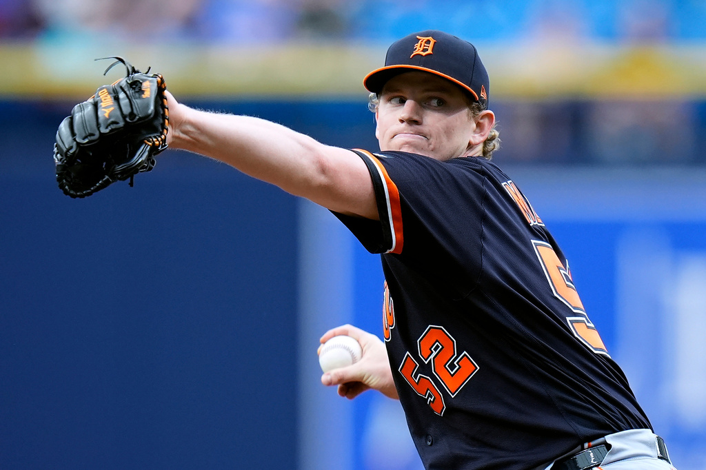 Detroit Tigers pitcher Troy Melton goes into his delivery to the Tampa Bay Rays during the first inning of a baseball game Wednesday, June 3, 2026, in St. Petersburg, Fla. (AP Photo/Chris O'Meara)