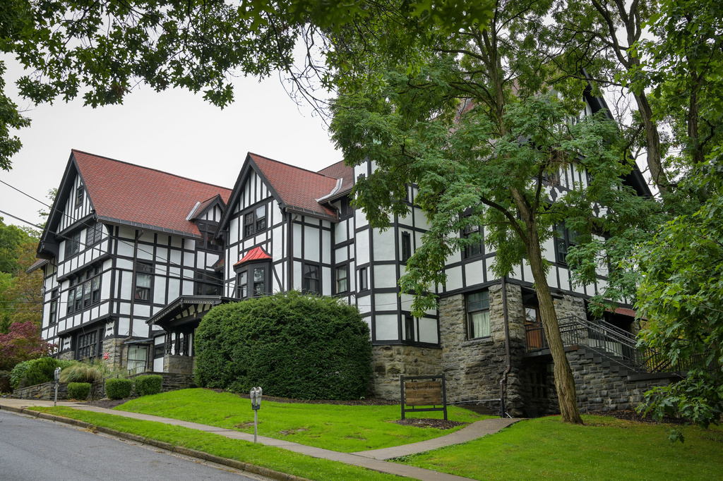 The Chi Phi fraternity house at Cornell University in Ithaca, N.Y., Monday, Sept. 28, 2026. (AP Photo/Heather Ainsworth)