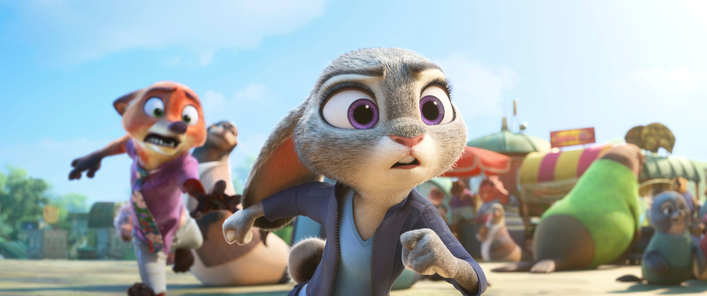 This image released by Disney shows Nick Wilde, voiced by Jason Bateman, left, and Judy Hopps, voiced by Ginnifer Goodwin, in a scene from "Zootopia 2." (Disney via AP)
