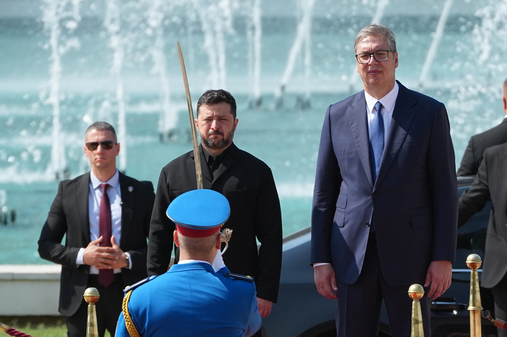 Ukraine's President Volodymyr Zelenskyy stands with his Serbian counterpart Aleksandar Vucic during a welcome ceremony at the Serbia Palace, in Belgrade, Serbia, Saturday, Aug. 8, 2026. (AP Photo/Darko Vojinovic)