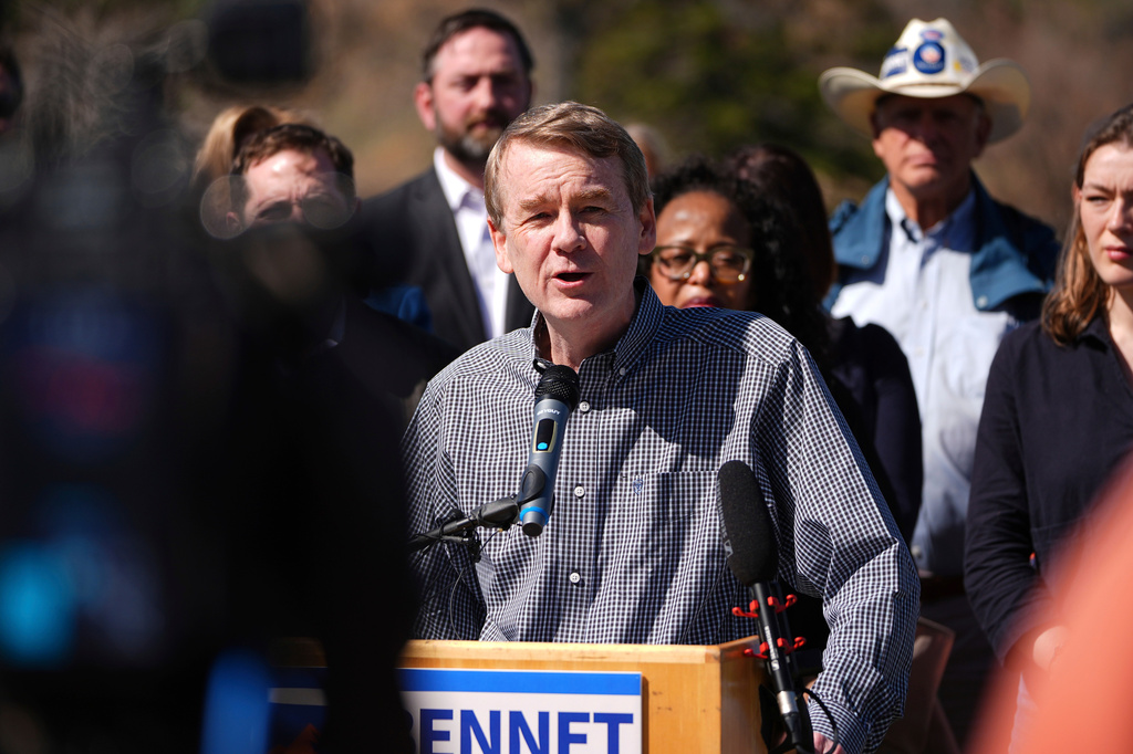 FILE - Sen. Michael Bennet, D-Colo., announces his plan to run for Colorado's governorship in the 2026 election at an event outside the Museum of Nature and Science, April 11, 2025, in Denver. (AP Photo/David Zalubowski, File)