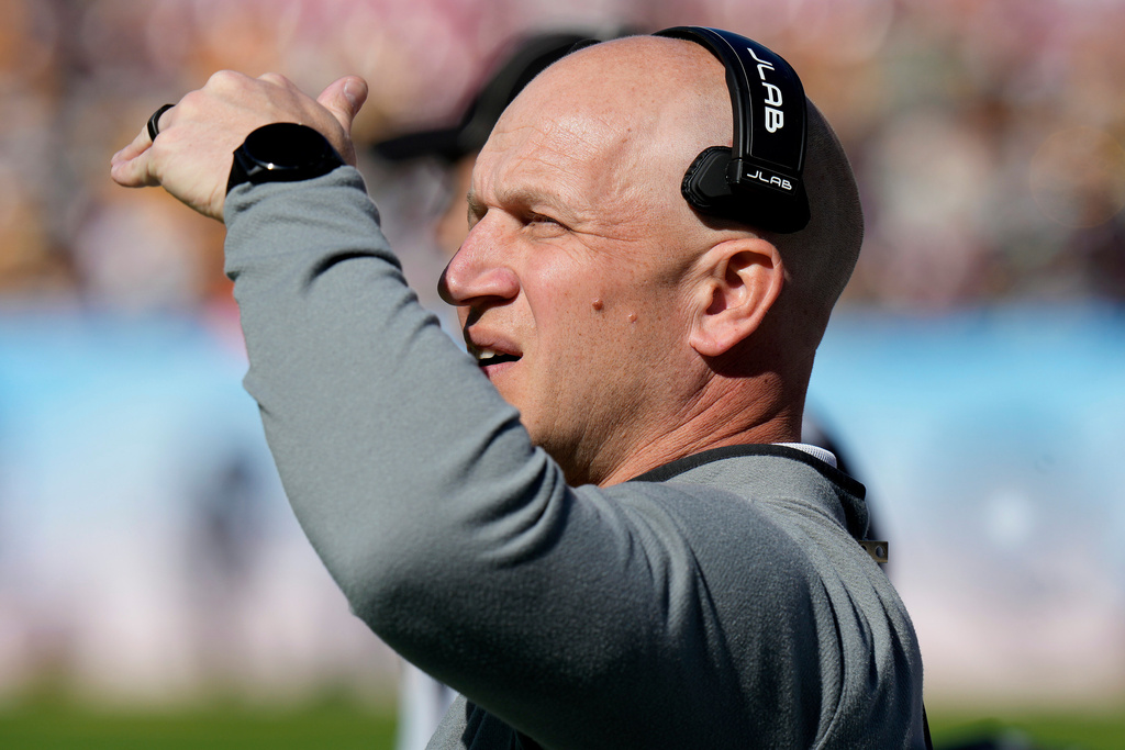 Vanderbilt head coach Clark Lea looks on during the first half of the ReliaQuest Bowl NCAA college football game against Iowa Wednesday, Dec. 31, 2025, in Tampa, Fla. (AP Photo/Chris O'Meara)