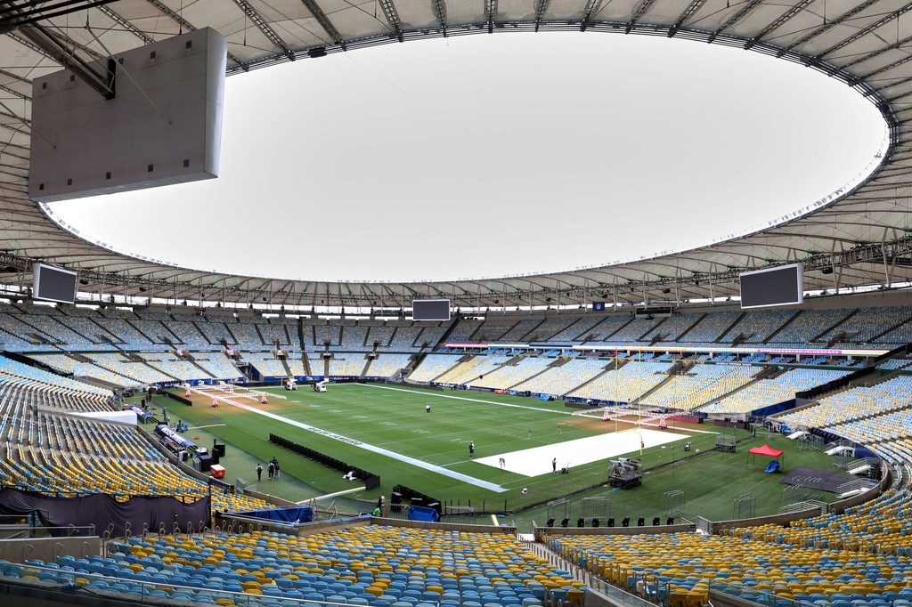 A general view of the interior of Maracana stadium as workers prepare it for Sunday's NFL game between the Dallas Cowboys and the Baltimore Ravens in Rio de Janeiro, Brazil, Thursday, Sept. 24, 2026. (AP Photo/Gregory Payan)
