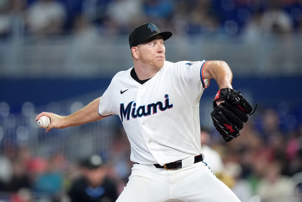 Miami Marlins starting pitcher Ryan Gusto delivers during the third inning of a baseball game against the Philadelphia Phillies, Wednesday, July 29, 2026, in Miami. (AP Photo/Rebecca Blackwell).