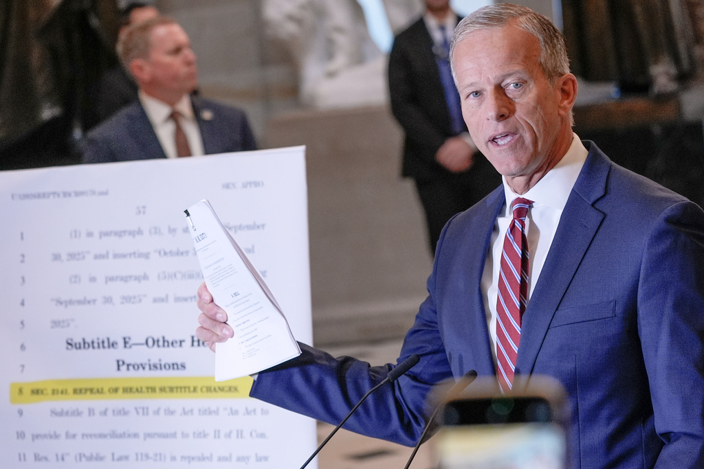 Senate Majority Leader John Thune, R-S.D., speaks during a news conference on Capitol Hill, Friday, Oct. 3, 2025, in Washington. (AP Photo/Mariam Zuhaib)