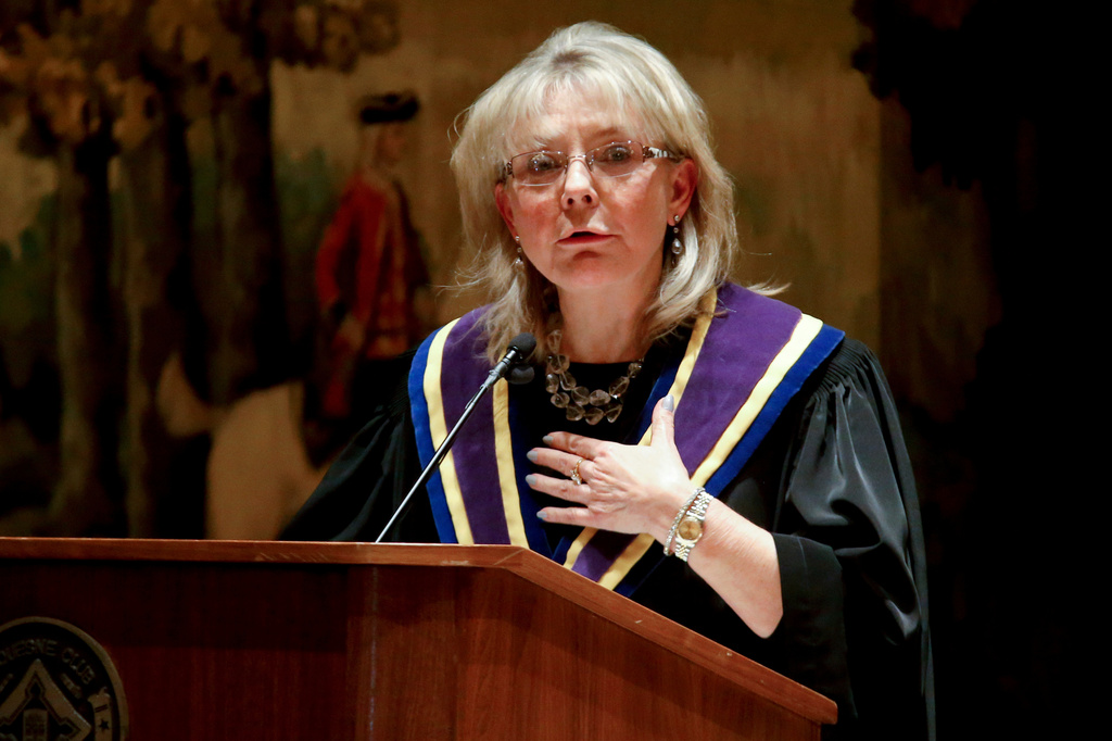 FILE - Pennsylvania Supreme Court Justice Christine Donohue speaks at her swearing in ceremony, Jan. 8, 2016, in Pittsburgh. (AP Photo/Keith Srakocic, File)