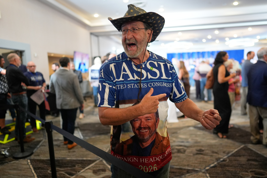 Donavan Spencer speaks with members of the media during an election night watch party for Rep. Thomas Massie, R-Ky., at the Marriott Cincinnati Airport, Tuesday, May 19, 2026, in Hebron, Ky. (AP Photo/Carolyn Kaster)