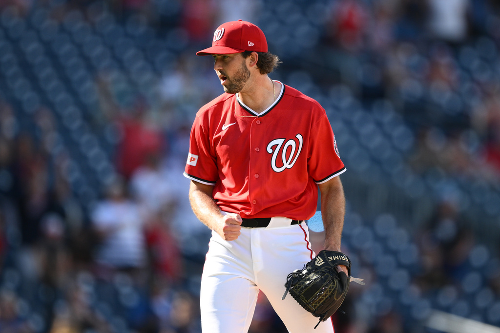 Washington Nationals relief pitcher Jack Sinclair reacts at the end of a baseball game against the Los Angeles Angels, Sunday, Sept. 13, 2026, in Washington. (AP Photo/Nick Wass)