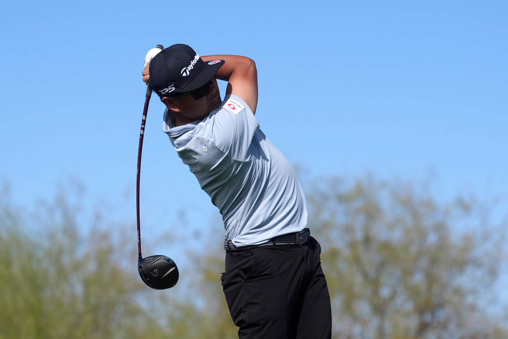 Ryo Hisatsune, of Japan, hits his tee shot at the ninth hole during the first round of the Phoenix Open golf tournament at the TPC Scottsdale Stadium Course Thursday, Feb. 5, 2026, in Scottsdale, Ariz. (AP Photo/Ross D. Franklin)